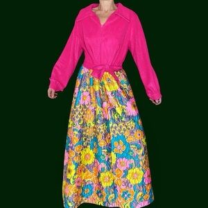 Vintage 60’s Hippie Handmade Pink Colorful Floral Quilted Long Sleeve Maxi Dress